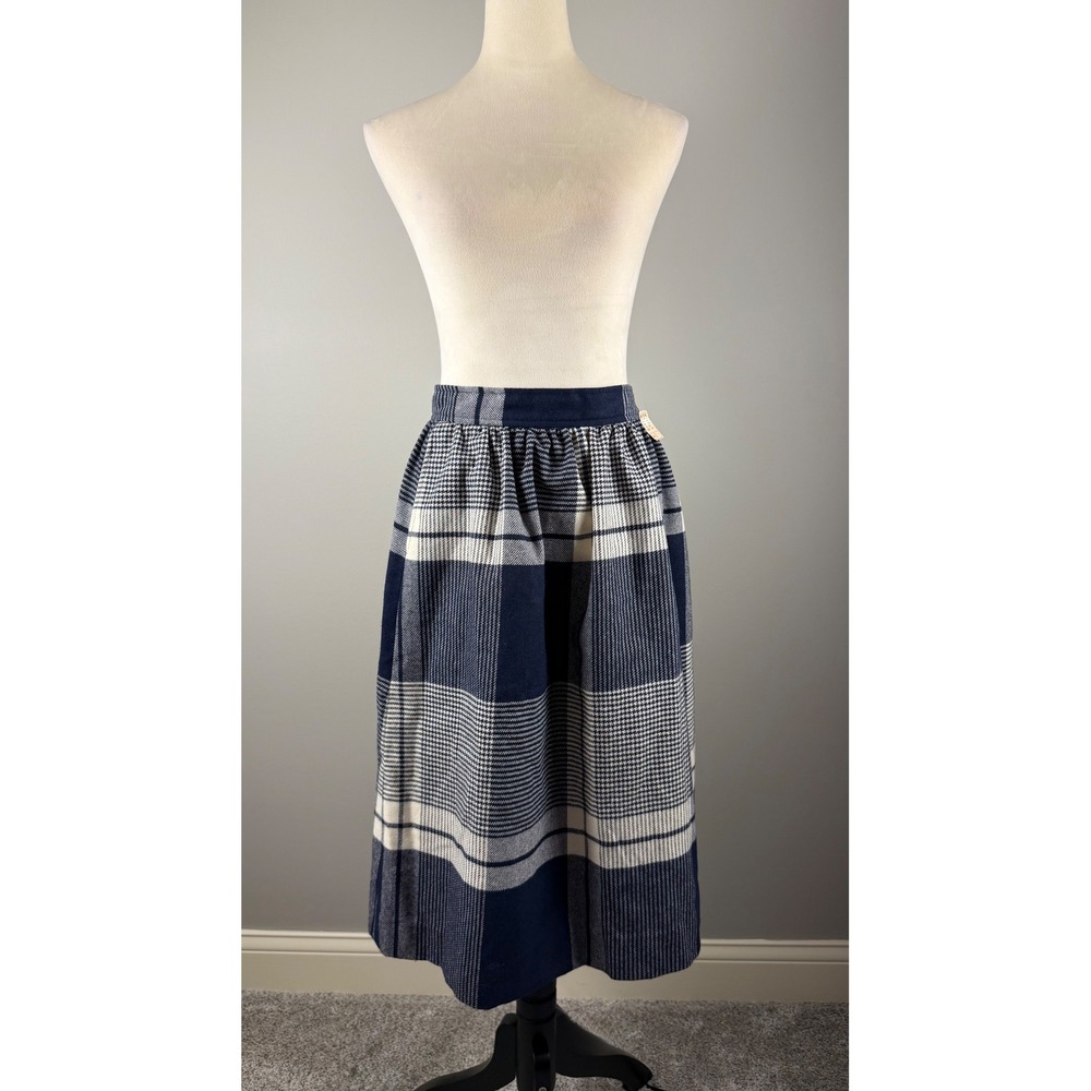 Evan-Picone Skirt Plaid Wool Blend 12P Navy Blue Vintage ILGWU Midi A-Line